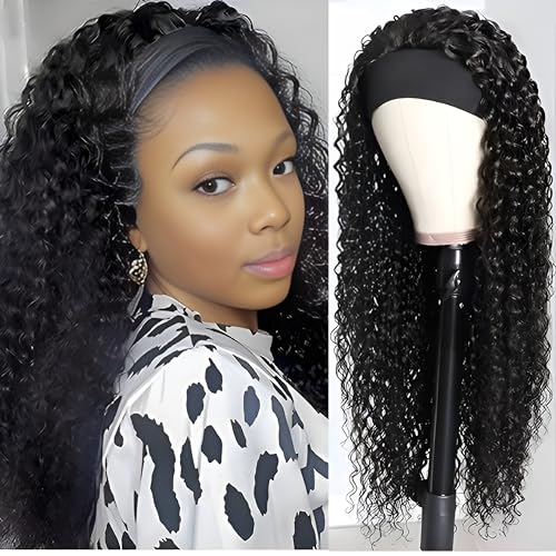 Curly Headband Wig Human Hair 26Inch Human Hair Headband Wig Glueless Wear and Go Human Hair Scarf None Lace Front Wigs 150% Density Natural Color