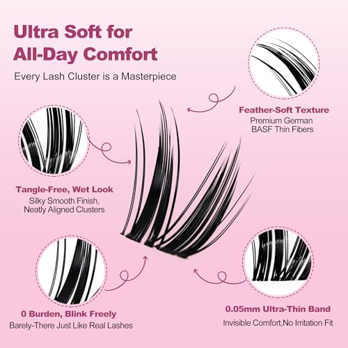 Dramatic Volume Lash Clusters Kit, 0.05mm Thin Band 8-18mm C Curl, DIY Lash Extension with Bond/Seal/Remover/Tweezer, Waterproof Reusable, FayJoo BOLDEE 11 Kit