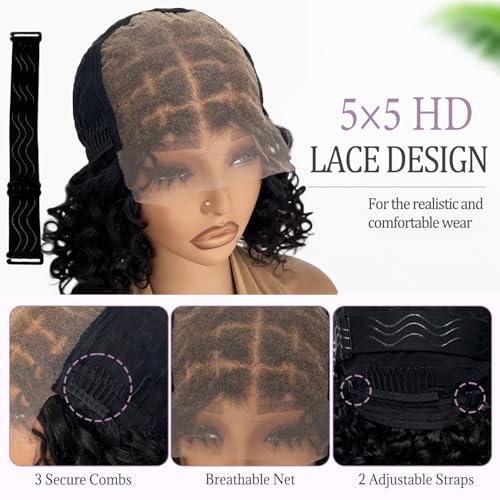 Smavida Deep Curly Bob Braid Human Hair Wigs Glueless 5x5 HD Lace Closure Boho Box Braids Wig Short Curly Knotless Braided Wigs for Women Pre Plucked With Baby Hair 12 Inch Nature Black 180% Density