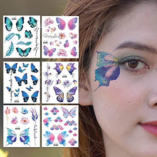 14 Sheets Glitter Butterfly Temporary Tattoos Sticker for Women Girls Eye Face Makeup Decoration, Flash Fairy Body Art Shiny Butterflies Waterproof Fake Tattoos for Festival Party Eye Decor
