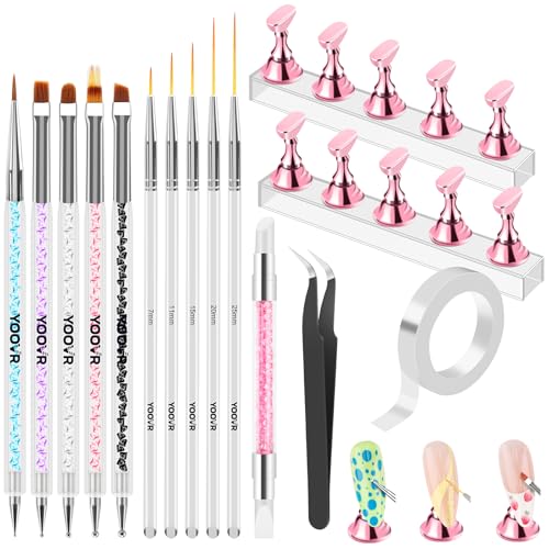 Nail Art Tools Set, Nail Stand for Press on Holder for Painting Nails, Nail Art Brushes and Dotting Tools, Nail Design Tools Supplies, Gel Polish and Builder Brush, French Tip Brush, Liner Brush
