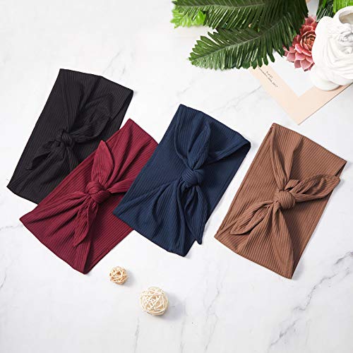 Syhood 4 Pieces Ribbed Headband Ribbed Stretch Bandie Stretchy Hairband Soft Head Wrap Turban Headband Boho Hair Band for Women Hair Accessories, 4 Colors(Black, Red, Sapphire Blue, Brown)