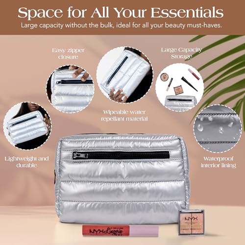 Citi Collective Premium Cosmetic Bag for Women| Makeup Travel Bag,Toiletry Bags for Women| Large Capacity Storage Waterproof Cosmetic Bag for Business, Vacation, or Weekend Traveling (Silver)
