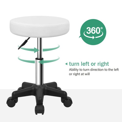 FURWOO Round Rolling Stool Height Adjustable Stool with Wheels for Spa Salon Massage White