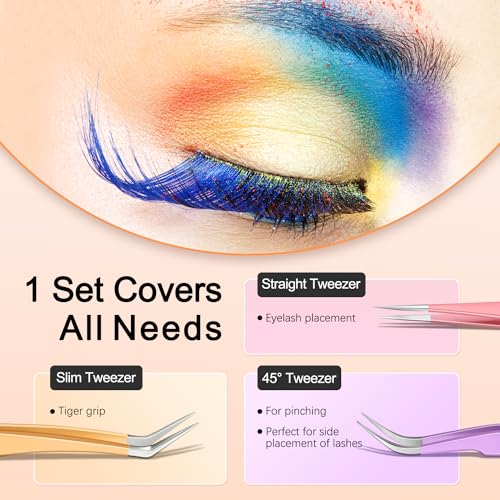 MORGLES 5pcs Eyelash Extension Tweezers High Precision, Straight and Curved Volume Lash Tweezers for Extensions, Crafting, Girls Women Beginners