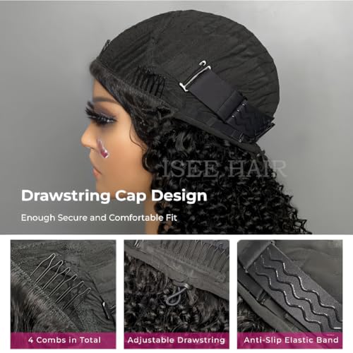 ISEE Half Wig Human Hair Glueless Wigs Upgrade 3 IN 1 Half Wig With Drawstring Seamless Clip Ins Flip Over Kinky Curly Human Hair No Glue No Lace For Women 180% Density 18 Inch