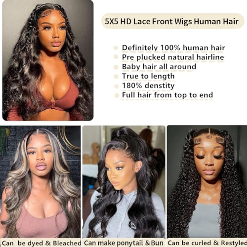 5x5 Hd Lace Closure Wigs Human Hair Pre Cut Lace Glueless Wig Wear and Go Wigs Human Hair Pre Plucked 180 Density Body Wave Lace Front Wigs Human Hair Glueless for Women Natural Hairline