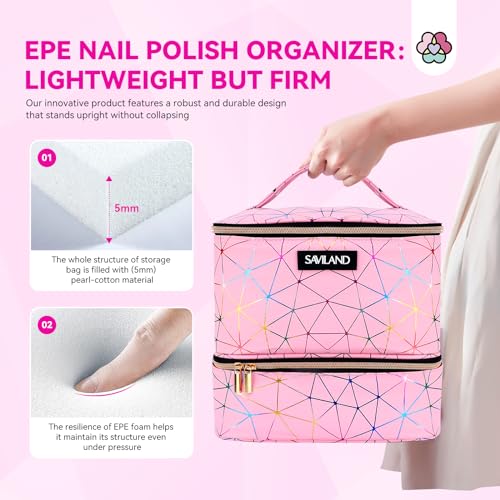 SAVILAND Nail Polish Organizer Bag: PU Leather Nail Polish Storage Organizer Holds 30 Bottles & Nail Lamp, Nail Polish Holder Travel Carrying Case Box Nail Tech Organizer Storage Bag for Nail Supplies