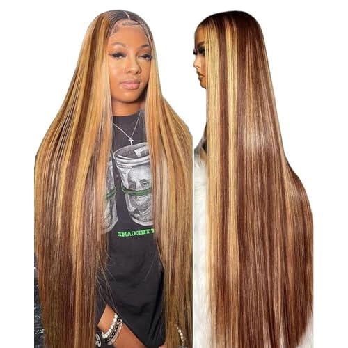 Highlight Ombre Lace Front Wig - 32 inch Human Hair, 180% Density, Honey Blonde, Straight, 13x4 HD Transparent Lace