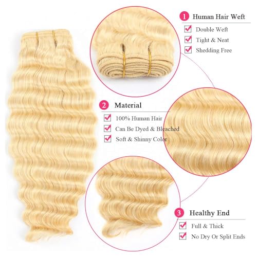 12A 613 Blonde Deep Wave Human Hair Bundles 18Inch 100% Unprocessed Brazilian Virgin Hair Extensions, Soft Double Weft Weave Curly Deep Wave Bundles Human Hair for Women (18inch)