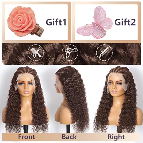 Chocolate Brown Head Braided Lace Front Wig 13x6 Deep Wave Wig Braided Wigs Human Hair Pre Plucked with Baby Hair 180 Density HD Frontal Wigs Brown Wig Human Hair 26 Inch