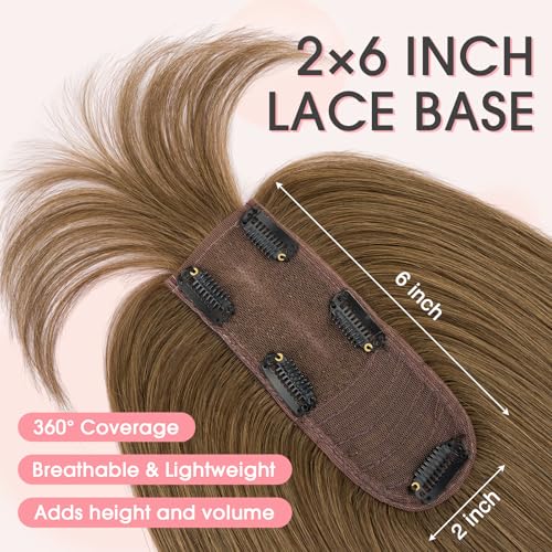 TESS Real Hair Toppers for Women Handmade Lace Base Womens Clip In Hairpieces with Bangs 5 Clips Natural Coverage Soft and Secure 2¡¿6", Medium Brown
