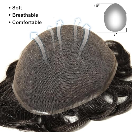 Mens Swiss Lace Toupee, #1B30 Natural Black with 30% Gray Hair 7x9 Inch Size Single-Knotted Invisible Hairline Remy Human Hair Piece