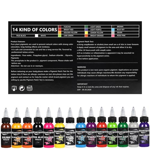 Tattoo Ink Set Professional 14 Colors 1oz (30ml) Vegan-Friendly Pigment Tattoo Ink Supplies