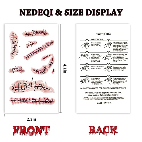 20 Sheets Halloween Zombie Temporary Tattoos - NEDEQI Chucky Scar Fake Blood Tattoos Waterproof Realistic Stitches Wound Temp Tattoo for Chucky Cosume Prank Makeup Cosplay Kids Men Women Adults