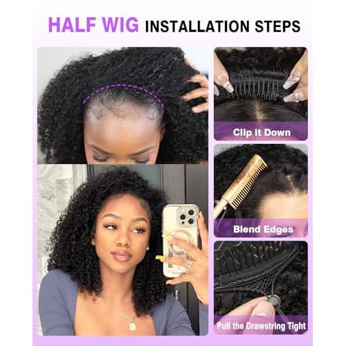 22Inch Half Wig Human Hair Kinky Curly 250% Density 3 In 1 Seamless Flip Over Half Wig for Women Glueless Wear and Go Drawstring Wig Human Hair Natural Black Beginner Friendly