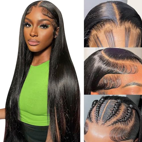 Mengkai 32 Inch Lace Front Wig, Human Hair, Pre-Plucked, Straight, 13x6, Glueless with Baby Hair, Bleached Knots, Frontal Wig for Women