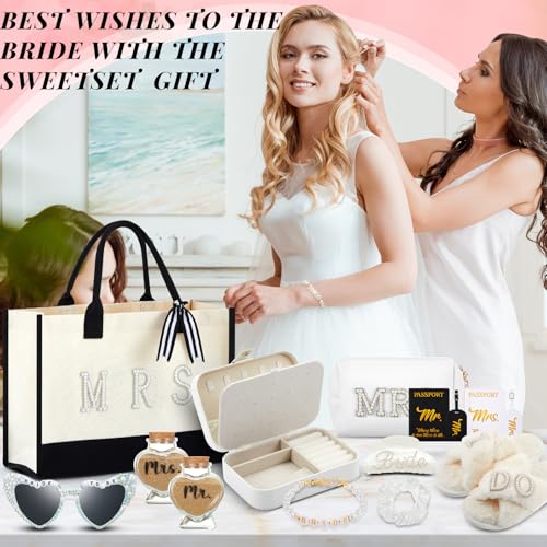 14 Pcs Bridal Shower Gifts Set Including Mrs Mr Travel Passport Tag Tote Cosmetic Bag Jewelry Box Claw Hair Clip Hair Tie Heart Sunglasses for Honeymoon Wedding Supplies(Women 9-10)