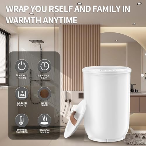 Large Towel Warmer for Bathroom - Heated Towel Warmers Bucket, Wood Handle, Auto Shut Off, Fits Up to Two 40"X70" Oversized Towels, Bathrobes, Blankets, Best Ideal for Mother's Gifts