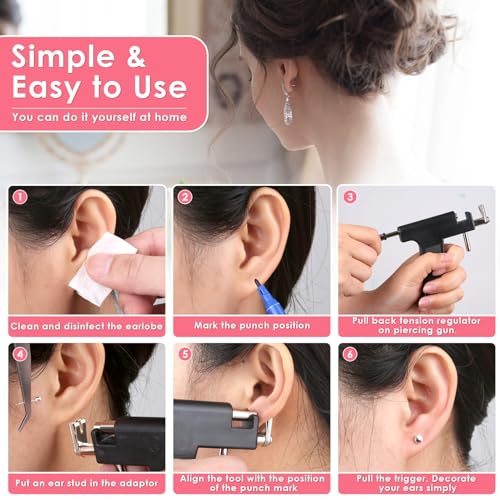 Professional Ear Piercing Gun Kit, Reusable Piercing Gun with Stainless Steel Piercing Earrings Studs, Crystal Earrings for At Home Salon Earlobe Cartilage Helix Tragus Piercing Tool Kit