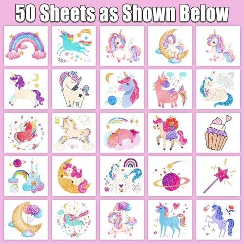 Partywind Glitter Temporary Tattoos for Kids Girls, Birthday Party Supplies Favors Decorations, Kids Goodie Bag Stuffers, Fake Tattoo Stickers for Back to School Party Games Prizes (50 Sheets)