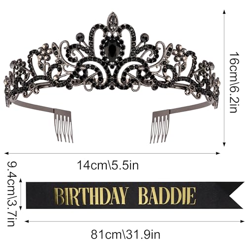 Birthday Baddie Sash and Crown for Women Girls - Black Glitter with Gold Foil Birthday Girl Sash and Crown Funny Birthday Party Favor Supplies