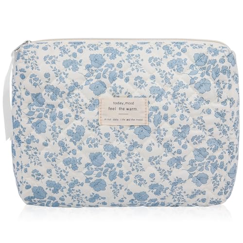 Floral Makeup Bag, Large Cosmetic Bag for Women Girls, Cute Cotton Make up Pouch, Quilted Makeup Bags, Flower Travel Toiletry Organizer Bag(Blue Floral)