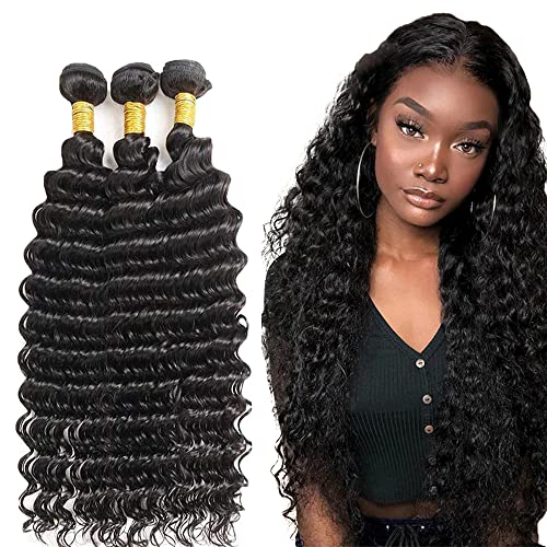 1B Natural Black Deep Wave Human Hair Bundles Unprocessed Brazilian Virgin 3 Bundles 26 28 30 Inch Black Deep Curly Bundle Human Hair Extensions 50 Gram Per Bundle