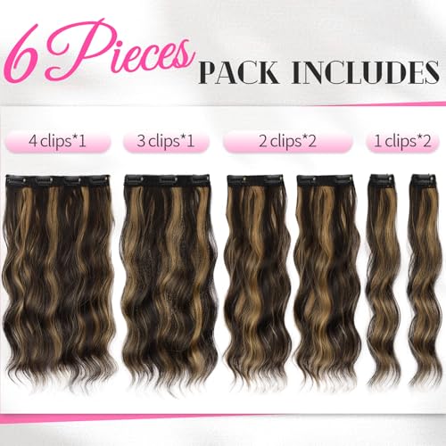 KooKaStyle Short Hair Extensions 6PCS 14 Inch Wavy Curly Hairpieces Synthetic Soft Lace Weft Clip in Hair Extensions-Balayage Dark Brown to Chestnut for Women