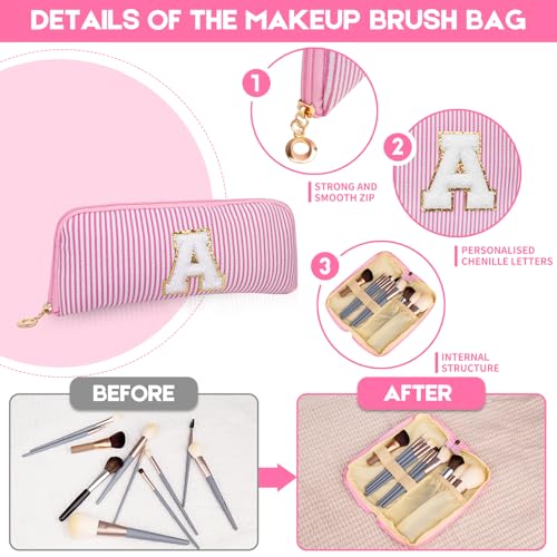 Initials Makeup Bag Set, Personalized Pink Cosmetic Bag, Cute Large Make up Bags, Travel Toiletry Bag for Women Girl Gifts M (Pink)