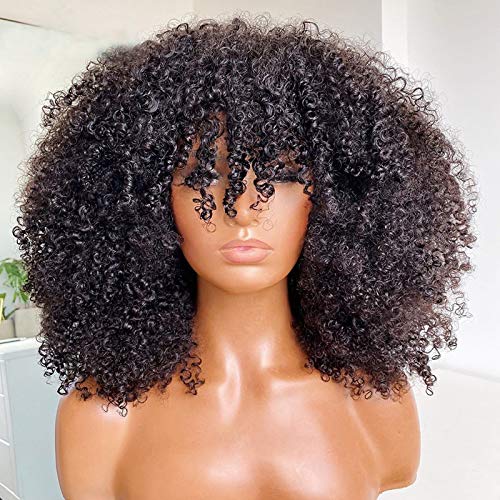 Afro Kinky Curly Wig With Bangs Scalp Top Wig 200 Density Full Machine Made Virgin Brazilian Short Curly Human Hair Wigs Natural Color 18Inch