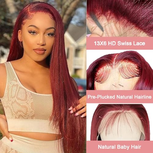 LICHANG 30 Inch 99J Straight Lace Front Wigs Human Hair Red Colored Wig Pre Plucked with Baby Hair for Black Women, 13x6 Burgundy Lace Frontal Wig Brazilian Virgin Human Hair Glueless