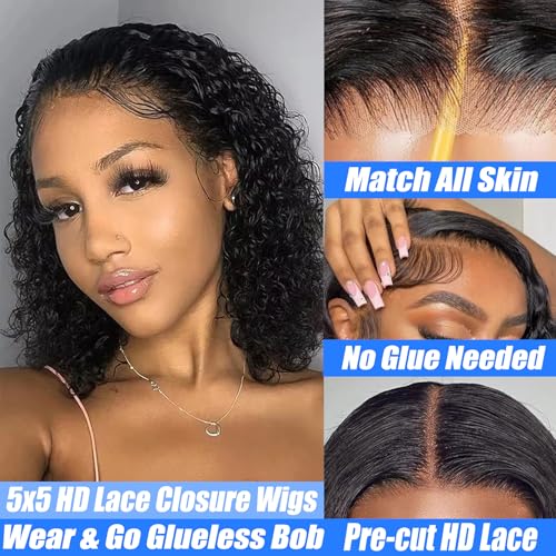 Wear and Go Bob Wig Human Hair Deep Wave Glueless Wigs Human Hair Pre Plucked Pre Cut 5x5 HD Lace Closure Curly Wigs for Black Women Lace Front Glueless Wigs Human Hair 14inch