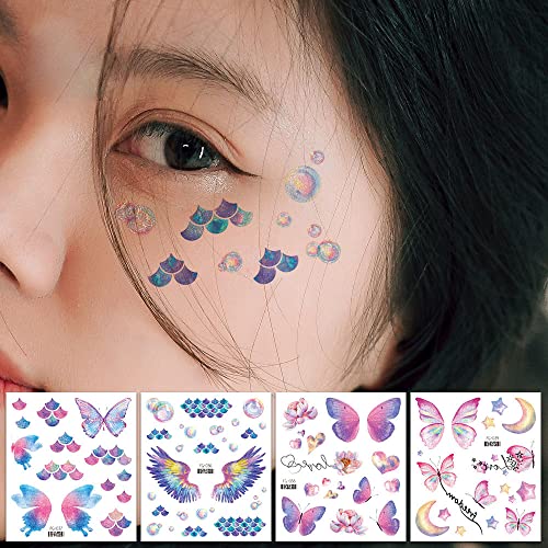 14 Sheets Glitter Butterfly Temporary Tattoos Sticker for Women Girls Eye Face Makeup Decoration, Flash Fairy Body Art Shiny Butterflies Waterproof Fake Tattoos for Festival Party Eye Decor