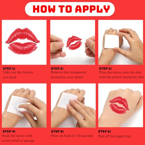 Valentines Lip Temporary Tattoos, Red Pink Lip Print Kiss Face Tattoo Stickers Body Decorations for Girls Kids
