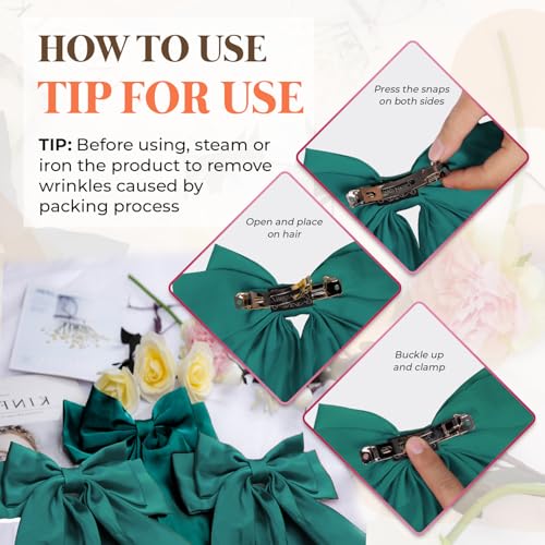 Silky Satin Hair Bows, Oversized Long Tail Bows with Barrette Clips, Coquette Hair Accessories for Women and Girls (Green 3P)