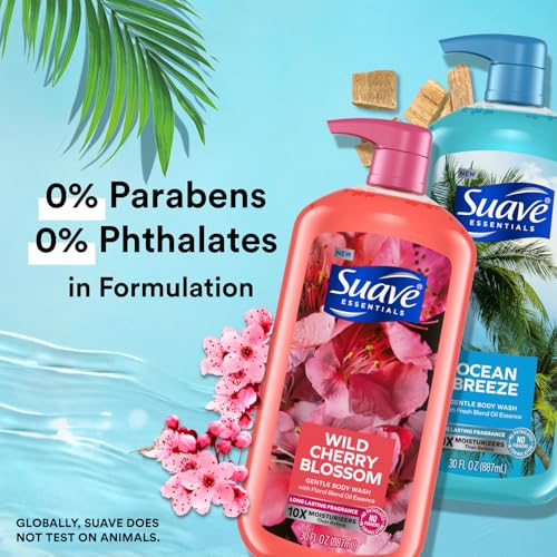 Suave Body Wash Variety Bundle ? Ocean Breeze 2-Pack & Wild Cherry Blossom, Gentle & Moisturizing Body Washes with Vitamin E, 30 Oz Ea (3 Piece Set)