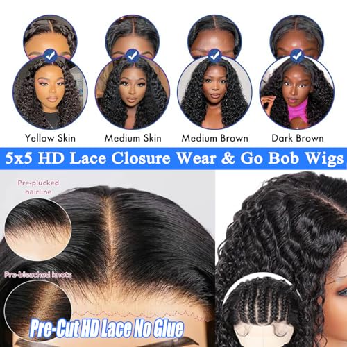 Wear and Go Bob Wig Human Hair Deep Wave Glueless Wigs Human Hair Pre Plucked Pre Cut 5x5 HD Lace Closure Curly Wigs for Black Women Lace Front Glueless Wigs Human Hair 14inch
