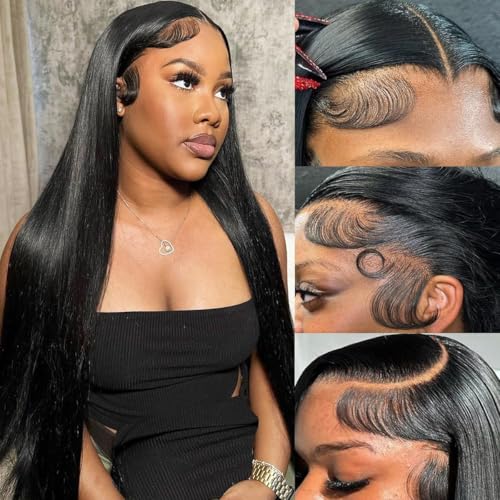 HD Transparent Straight Lace Front Wigs Human Hair Pre Plucked Pre Cut 200 Density Straight Frontal Wigs For Women Glueless Straight Lace Front Wig (13x6 Natural Black Straight Wig, 24 Inch)