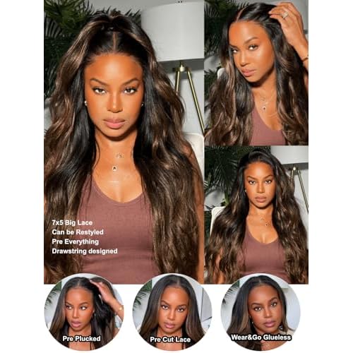 UNICE Chestnut Brown Ombre Yaki Straight 7x5 Pre Cut HD Lace Front Wigs Human Hair with Drawstring Bye Bye Knots Glueless Wig Pre Plucked Bleached Knots Natural Hairline 150% Density 18 inch