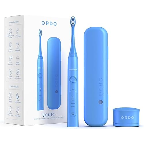 ORDO Sonic+ Electric Toothbrush with Case, Sonic Toothbrushes for Adults, Charging Travel Case, 4 Brushing Modes, Fast Rechargeable Battery, Silicone Polishing, USB Charger, Arctic Blue