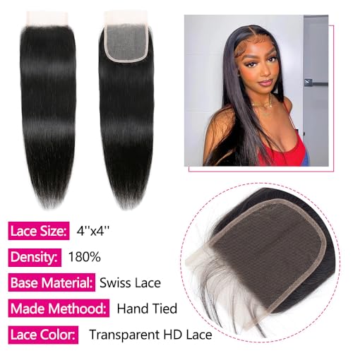 12A Straight Bundles with Closure Human Hair 20 22 24+18 Inch 100% Unprocessed Virgin Brazilian Straight Human Hair Weave 3 Bundles Deals with 4x4 HD Lace Closure