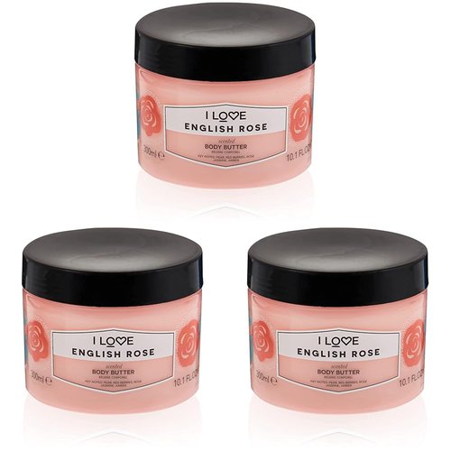 I Love English Rose Scented Body Butter - Hydrating Body Butter for Dry Skin - Vitamin E and Aloe Vera - Shea Butter and Coconut Oil - 10.1 oz (Pack of 3)