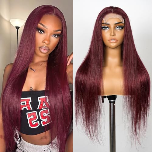 SUPERNOVA 99J Burgundy Lace Front Wigs Human Hair 4x4 HD Straight Wigs with Baby Hair 180% Density Red Wine Colored Wigs for Women 22 Inch