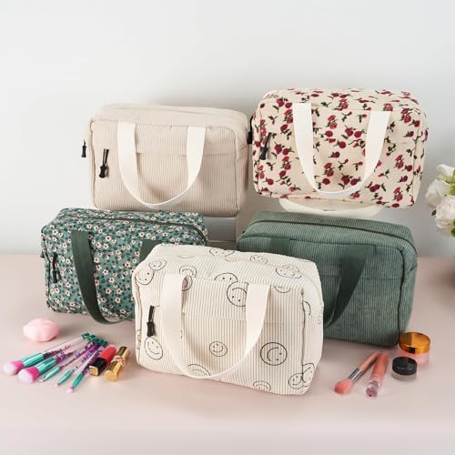 Large Makeup Bag for Women Corduroy Cosmetic bag Make up Bags Zipper Pouch with handle Cosmetic Organizer Toiletry Bag for Travel Storage