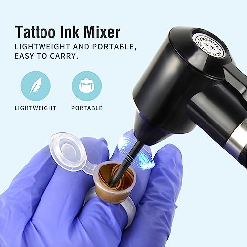 Tattoo Ink Mixer Machine Set - 100Pcs Yugui Ink Mixing Sticks and 100Pcs Tattoo Ink Cups Pigment Mixer Agitator Sticks Black Electric Color Tattoo Mixer Machine for Makeup Eyebrow Color