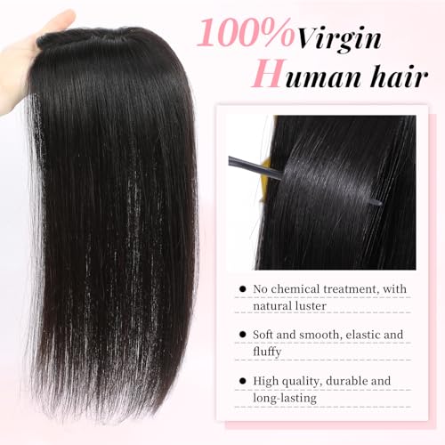 Fine Plus 16Inch Hair Toppers for Women Real Human Hair ? Mono Base 3"x5", Natural Black Virgin Quality, for Thinning Crown & Wide Parting, Lightweight & Breathable, Add Volume Can Be Curled