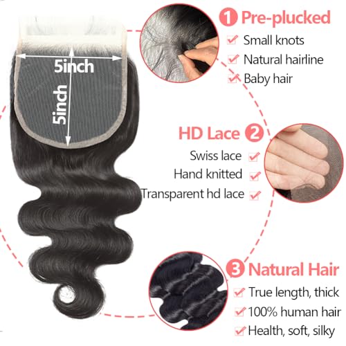 Bundles with Closure Human Hair Body Wave (20 22 22 24+20) 4 Bundles with Closure 5x5 HD Closure with Bundles Human Hair 12A Unprocessed Virgin Hair