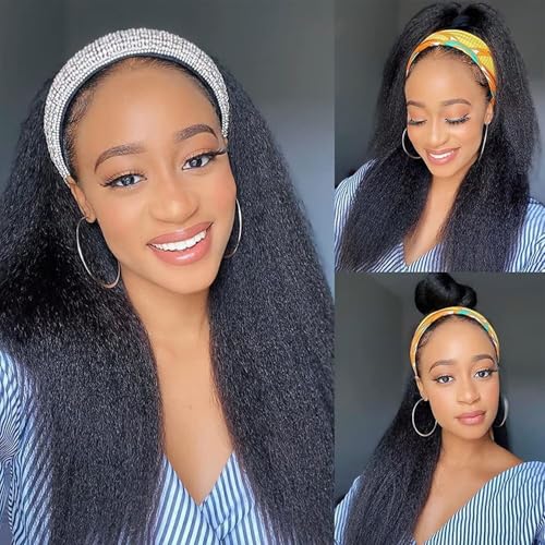 Headband Wig Human Hair Kinky Straight 26 Inch Yaki Straight Headband Wig 200% Density Glueless None Lace Front Wigs for Women Machine Made Wear and Go Wigs Headband Half Wigs Natural Color
