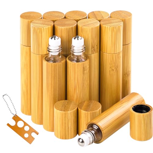 AUHOKY 12Pcs Bamboo Roll on Bottles for Essential Oils, Portable Massage Oil Bottle with Stainless Steel Roller Ball, Reusable Travel Perfumes Sample Lip Gloss Container (1 Opener) (10ML)